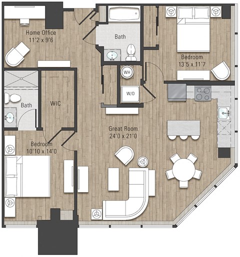 Floor plan for 2 beds, 2 baths, 1190 sqft